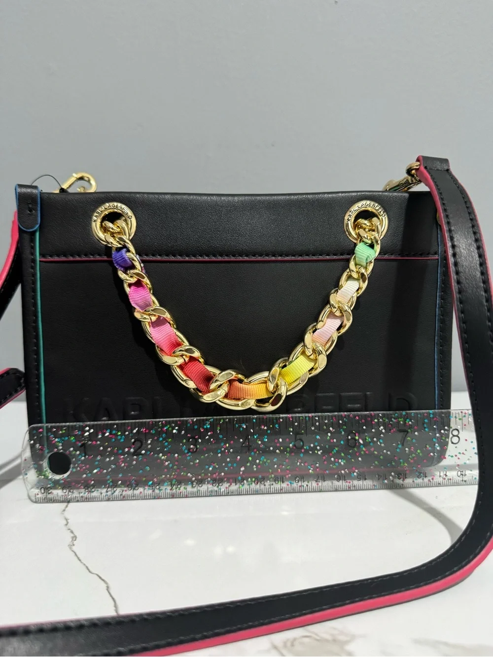 Karl Lagerfeld Black Shoulder Bag with Gold Rainbow-Trim Chain